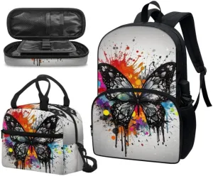 Colorful Splash Butterfly Grey 3-Pcs Casual Daypack Set Rainbow Painting Butterfly Middle School Durable Knapsack with Lunch Bag Pencil Bag Fits 12 inch Macbook/Laptop Bag Gifts Men Women