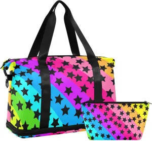 Colorful Strips Black Stars Travel Duffel Bag Travel Overnight Carry on Bag with Toiletry Bag for Business Trips Large Capacity