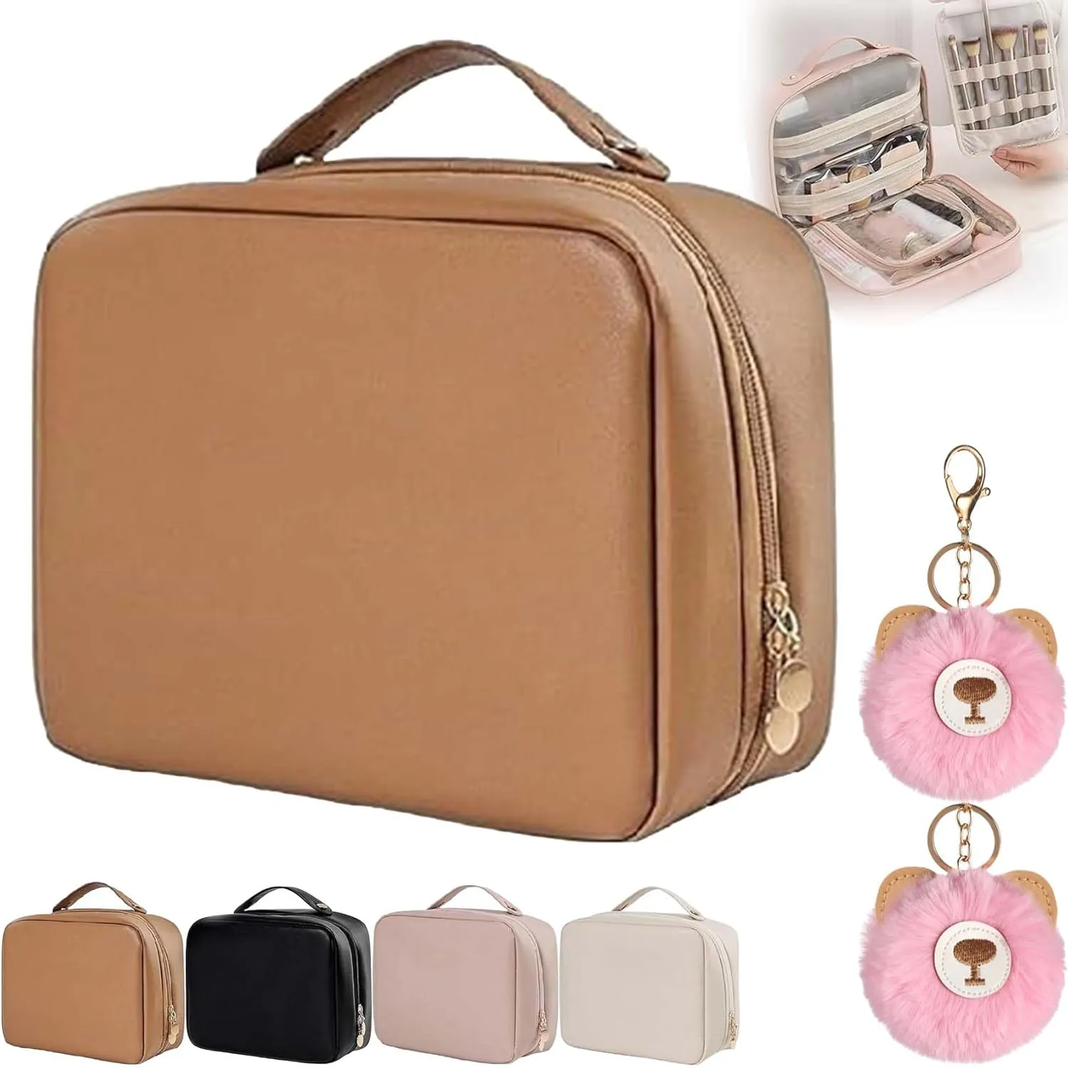 Consulbefor Bag, Multi-Compartment Toiletry Cosmetics Bag - Consulbefor, Toiletry Cosmetics Bag Consulbefor, Pu Leather Cosmetic Bag, Makeup Bag Large Travel Cosmetic Bags for Women (Brown)