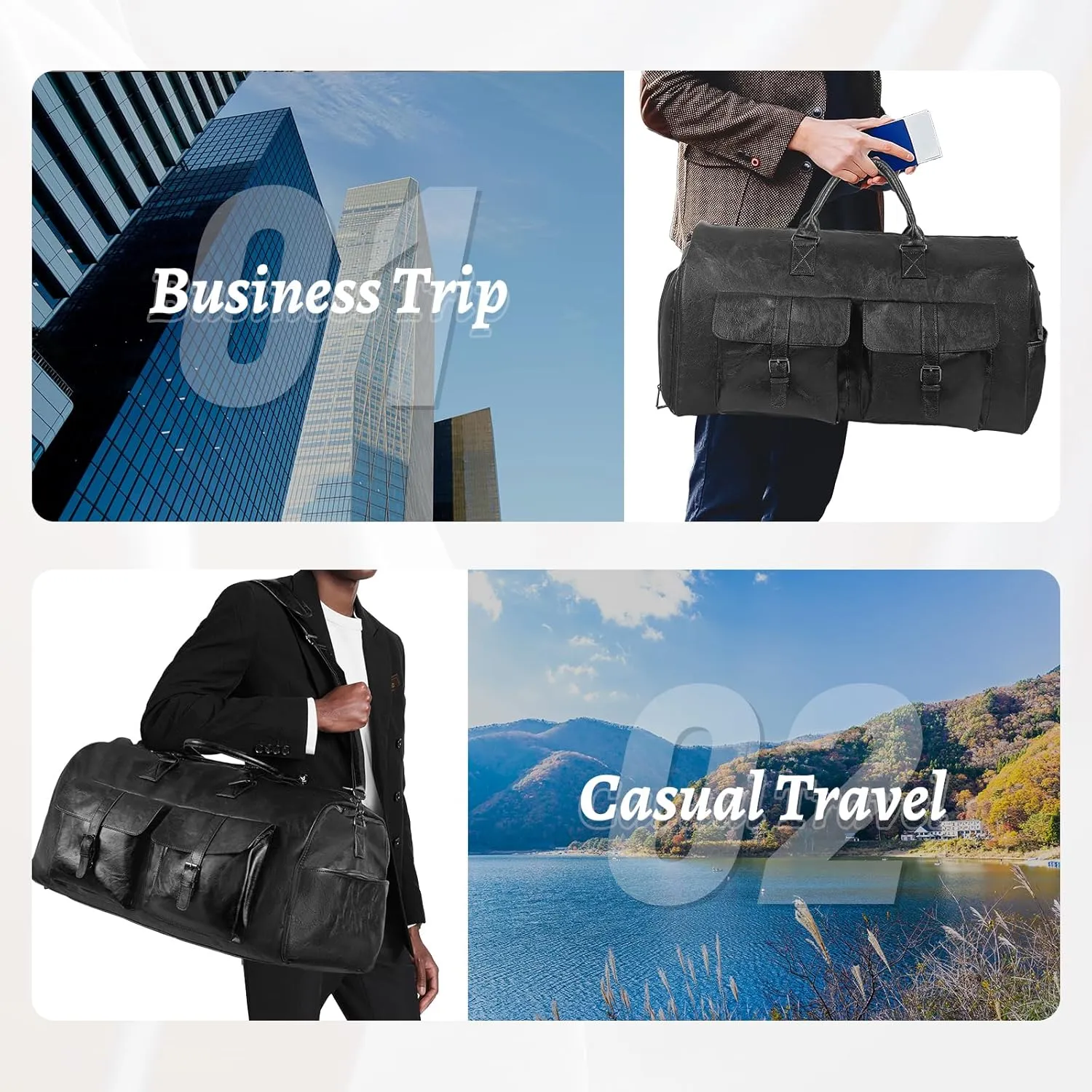 Convertible Garment Bag for Travel - Carry On Duffle Bag for Men Women 2 in 1 PU Leather Weekender Bag with Shoe Pouch and Shoulder Strap (Black)