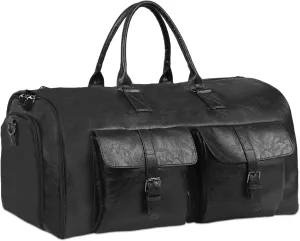 Convertible Garment Bag for Travel - Carry On Duffle Bag for Men Women 2 in 1 PU Leather Weekender Bag with Shoe Pouch and Shoulder Strap (Black)