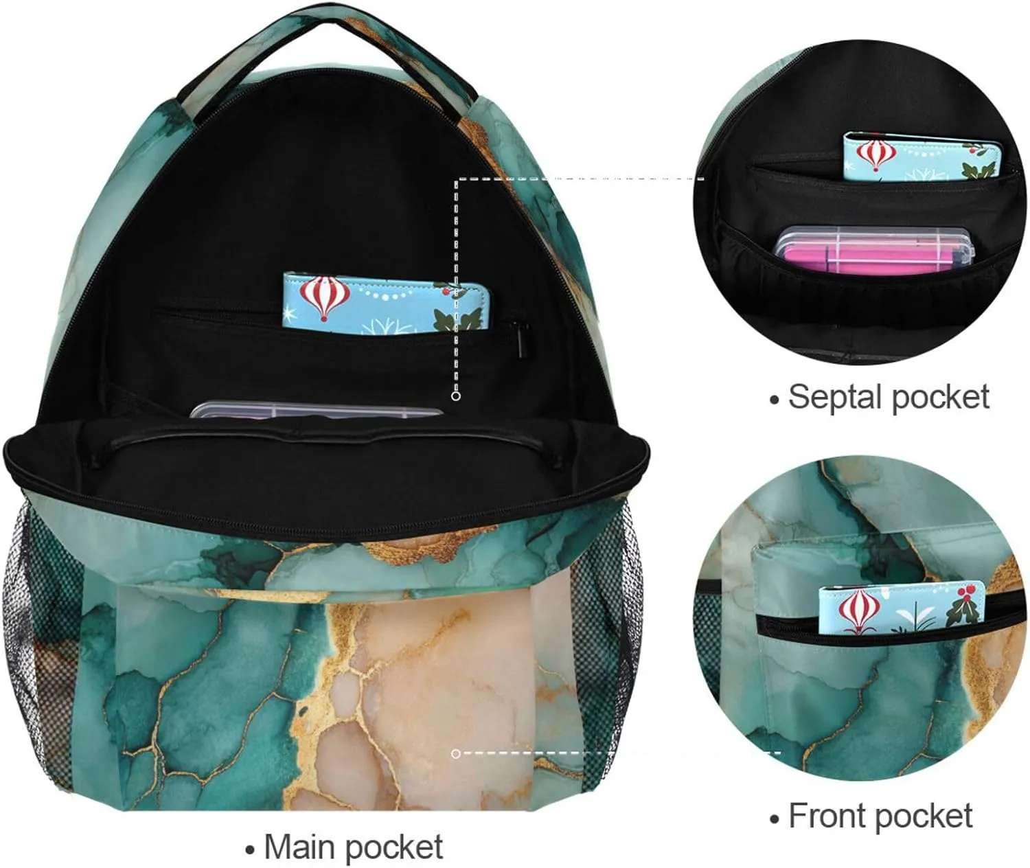Cool Backpacks for Men and Women Fashion Travel Laptop Backpack with Chest Strap for Business Work College Travel Trip Marble Teal Blush