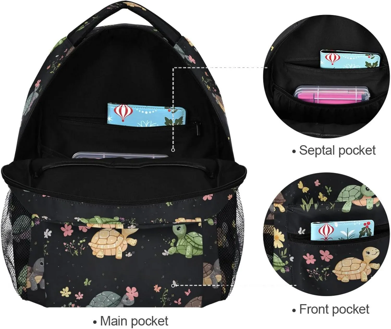 Cool Backpacks for Teenager Fashion Backpack with Chest Strap for Business Work College Travel Trip Cartoon Cute Turtle Black