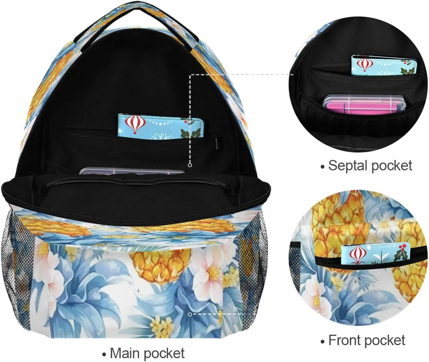 Cool Backpacks for Teens Boys Girls Fashion Business Work Bag with Chest Strap for College Work Sliced Pineapple and Flowers