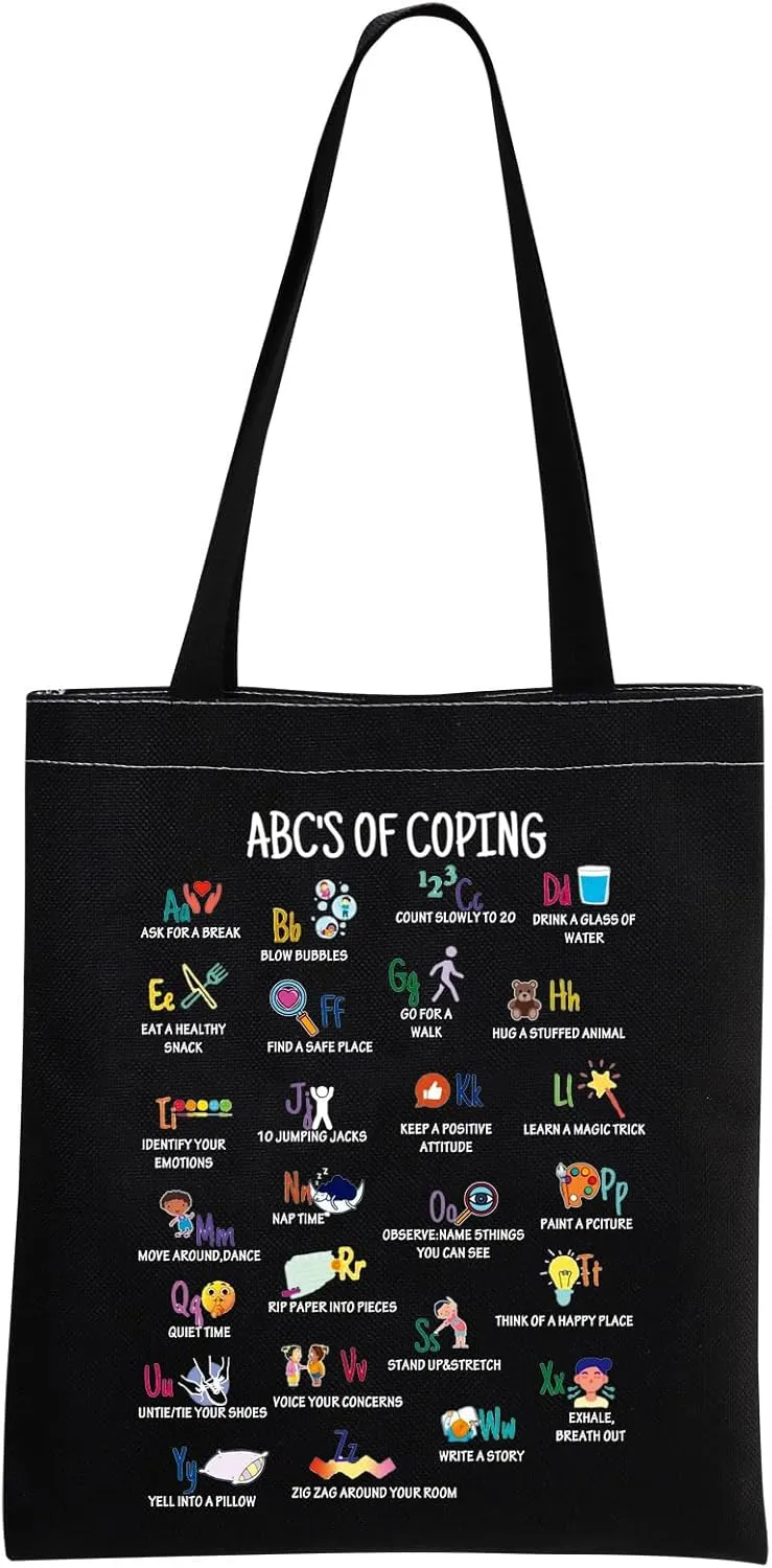 Coping Alphabet Tote Bag Mental Health Gift Self Care Tote Bag for Psychologist Counselor