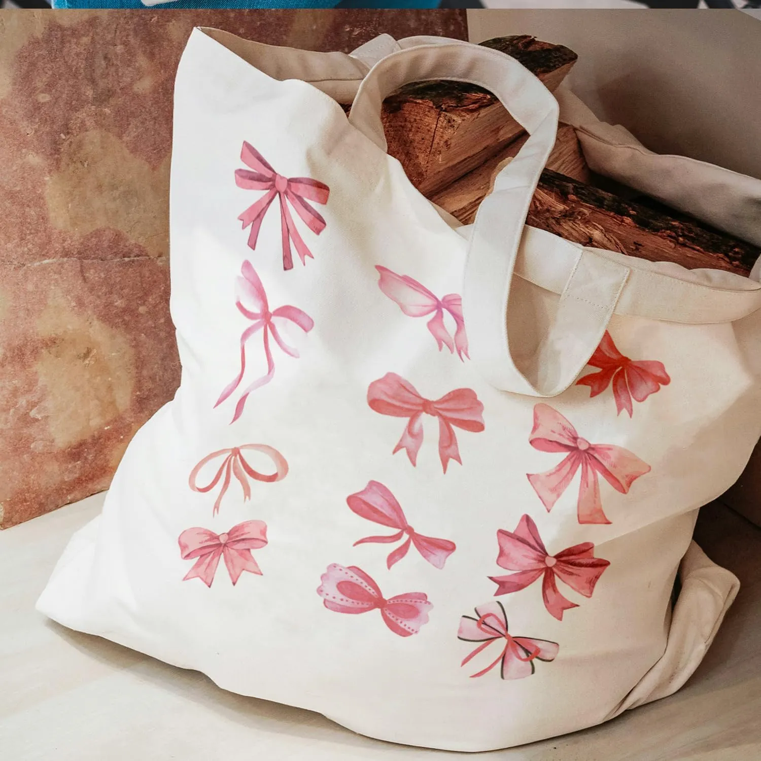 Coquette Bows Tote Bag - Pink Bow Canvas Tote Bag Aesthetic for Women, Cute Trendy Gifts for Women