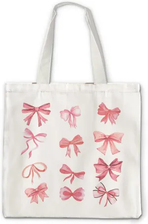 Coquette Bows Tote Bag - Pink Bow Canvas Tote Bag Aesthetic for Women, Cute Trendy Gifts for Women