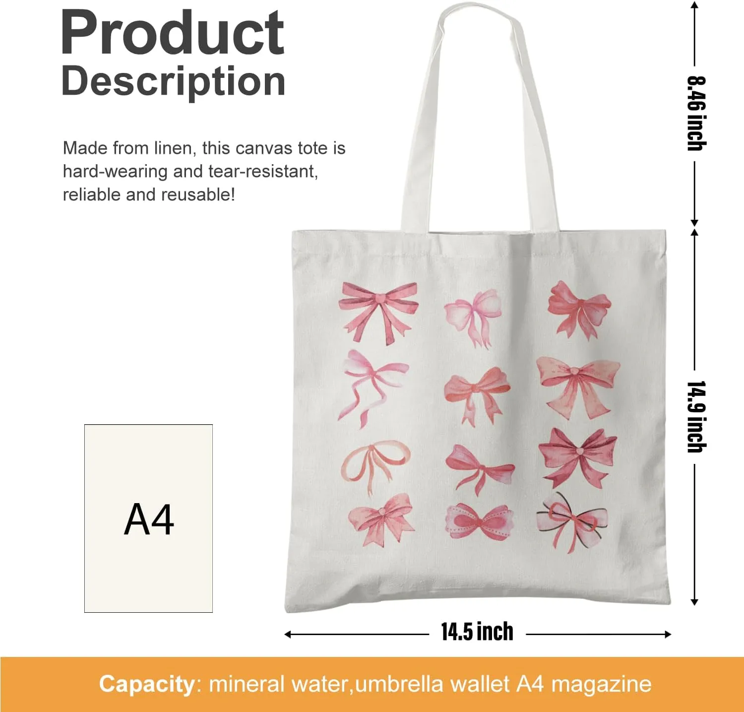Coquette Bows Tote Bag - Pink Bow Canvas Tote Bag Aesthetic for Women, Cute Trendy Gifts for Women