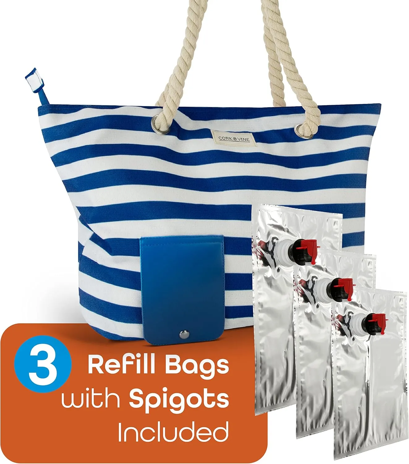 CORK & VINE Wine Tote Bag, Insulated Leakproof Wine Cooler Bag with Nautical Rope Strap | 3x 1.5 Liters Beverage Bag Included