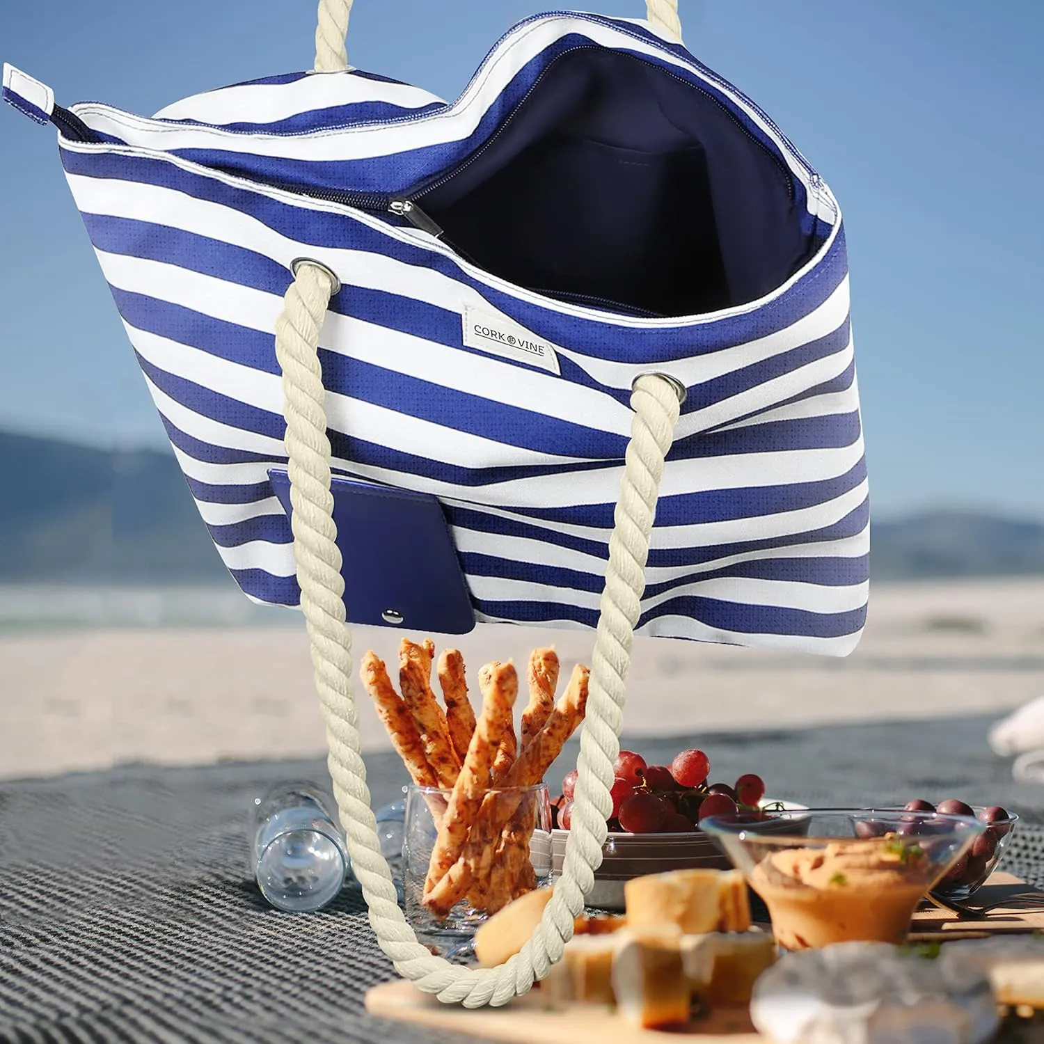 CORK & VINE Wine Tote Bag, Insulated Leakproof Wine Cooler Bag with Nautical Rope Strap | 3x 1.5 Liters Beverage Bag Included