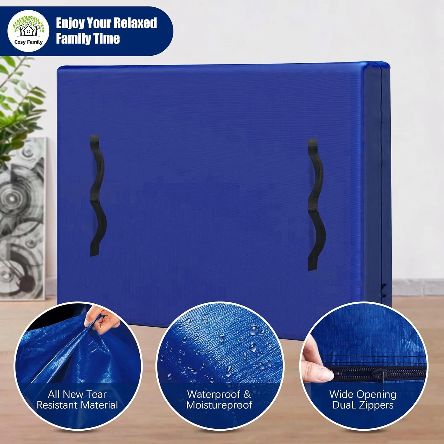 Cosy Family Mattress Bags for Moving with 8 Handles - 170GSM Extra-Thick Mattress Bag for Moving Supplies - Reusable Mattress Cover Protector Storage with Zipper, Blue, King-(Pack of 2)
