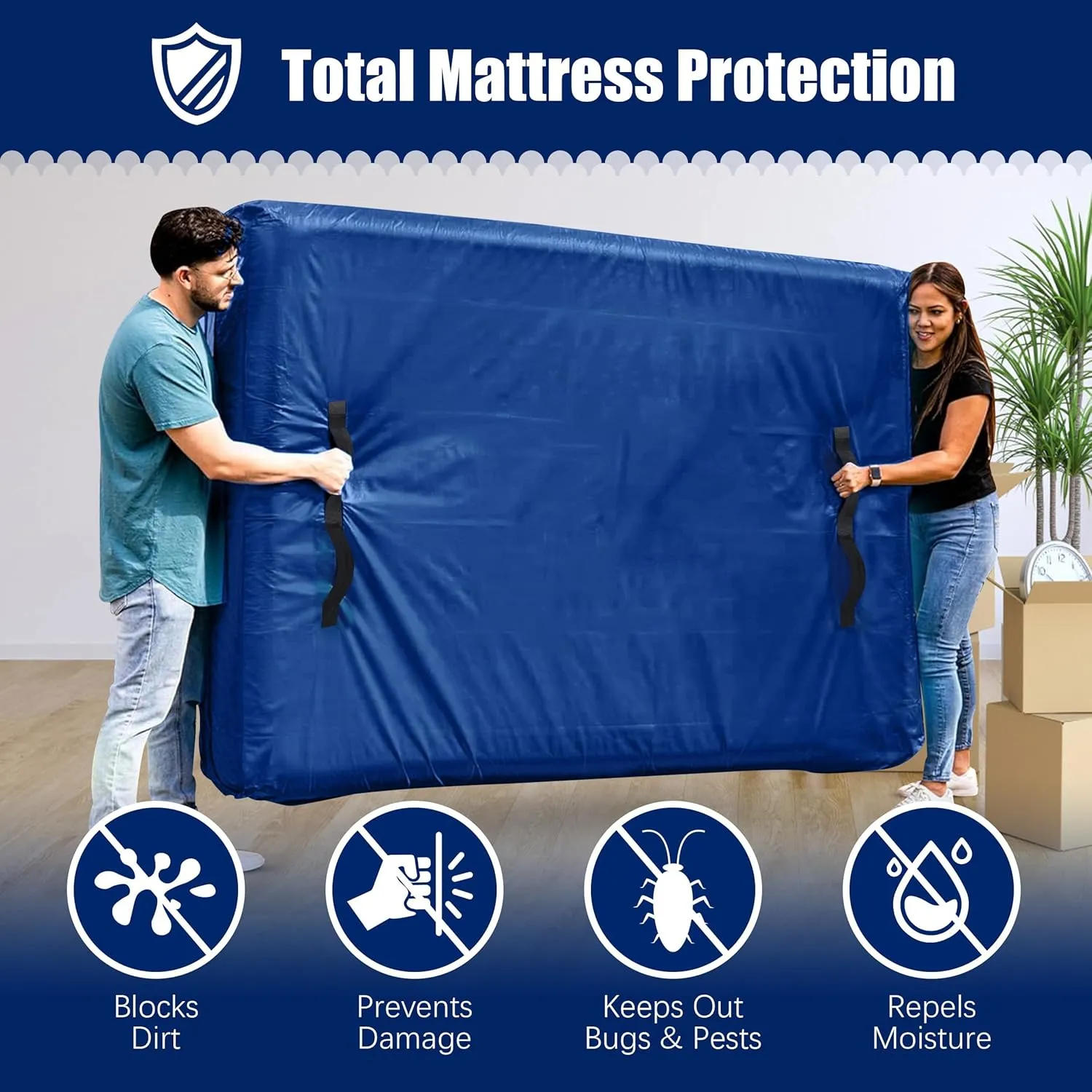 Cosy Family Mattress Bags for Moving with 8 Handles - 170GSM Extra-Thick Mattress Bag for Moving Supplies - Reusable Mattress Cover Protector Storage with Zipper, Blue, King-(Pack of 2)