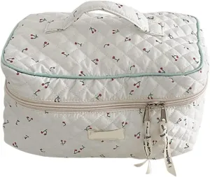 Cotton Floral Makeup Bag - Large Travel Cosmetic Storage Bag (White)