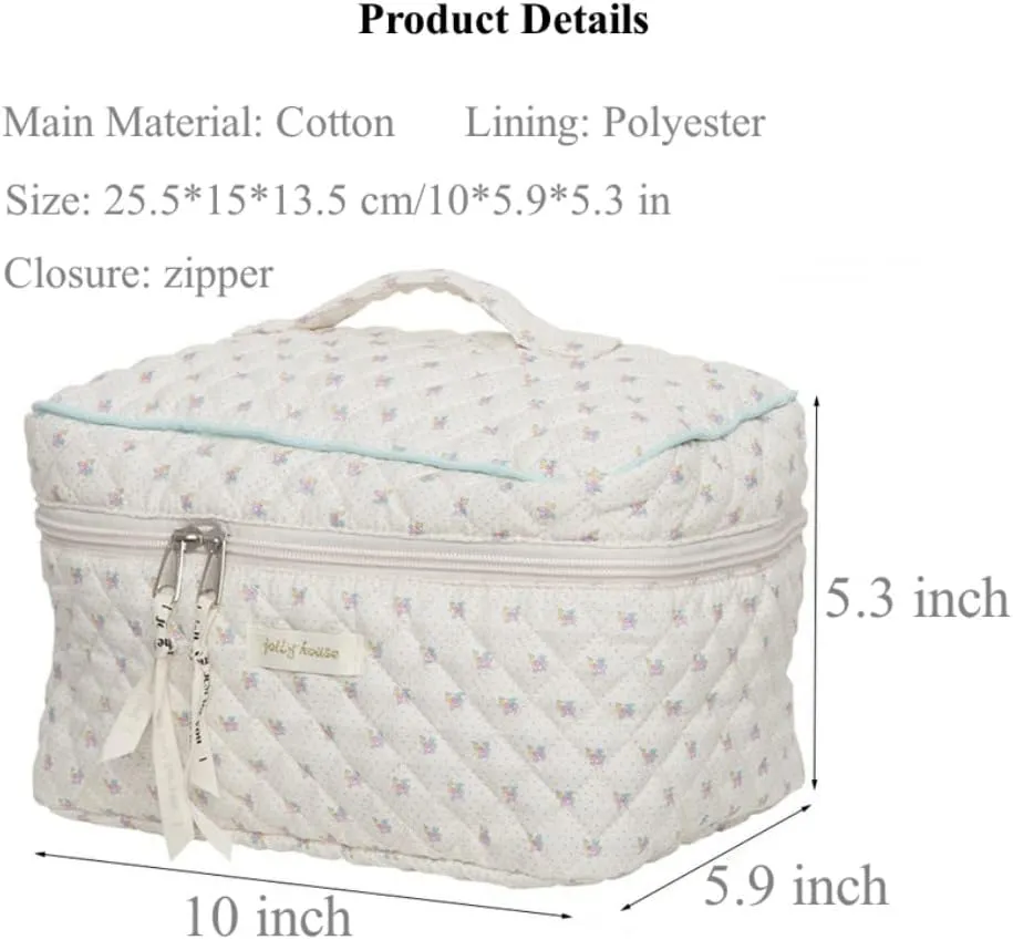 Cotton Floral Makeup Bag - Large Travel Cosmetic Storage Bag (White)