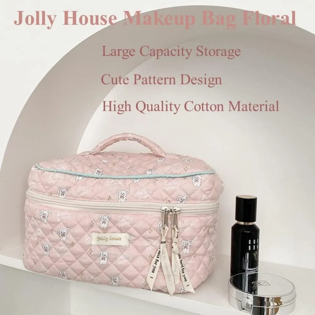 Cotton Floral Makeup Bag - Large Travel Cosmetic Storage Bag (White)