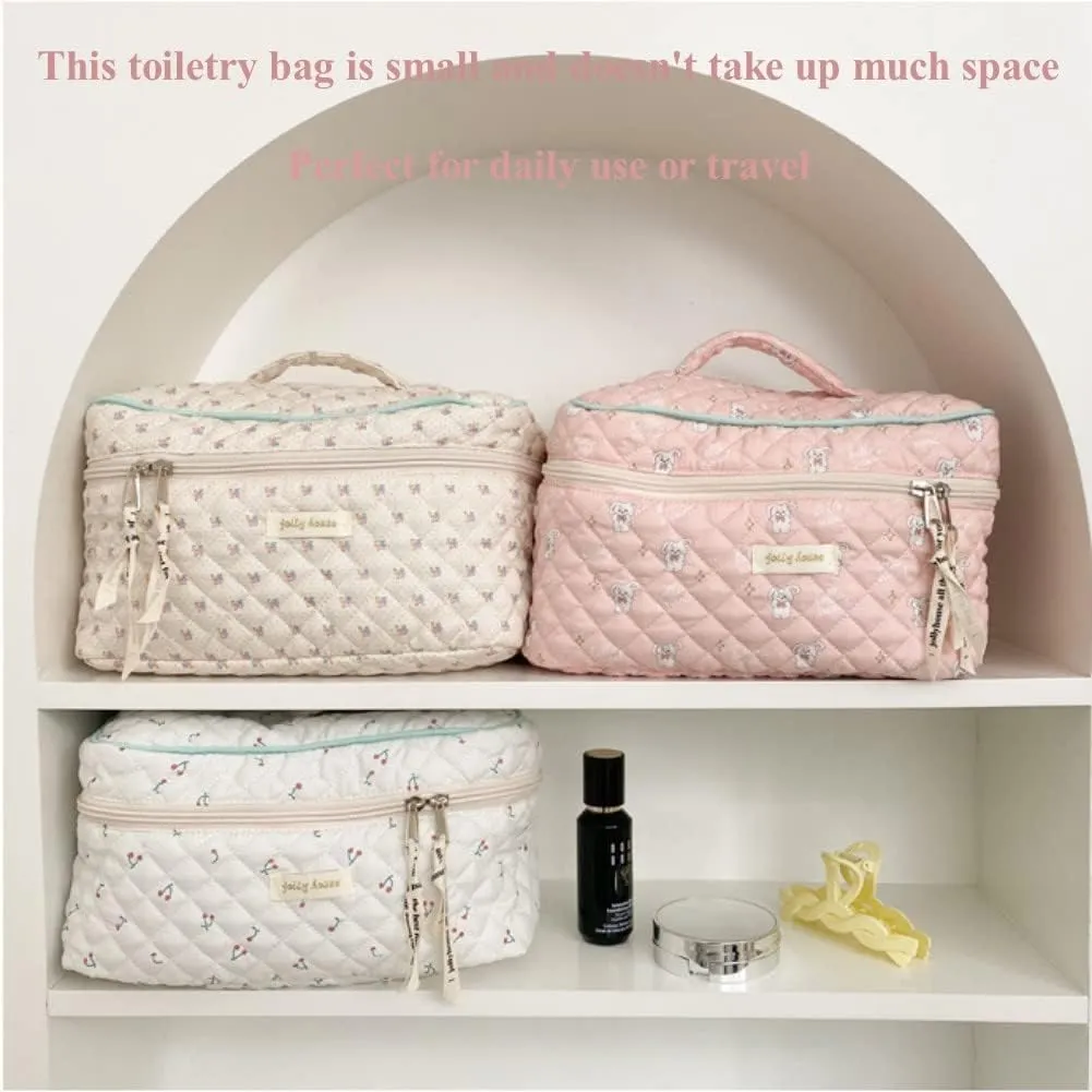 Cotton Floral Makeup Bag - Large Travel Cosmetic Storage Bag (White)