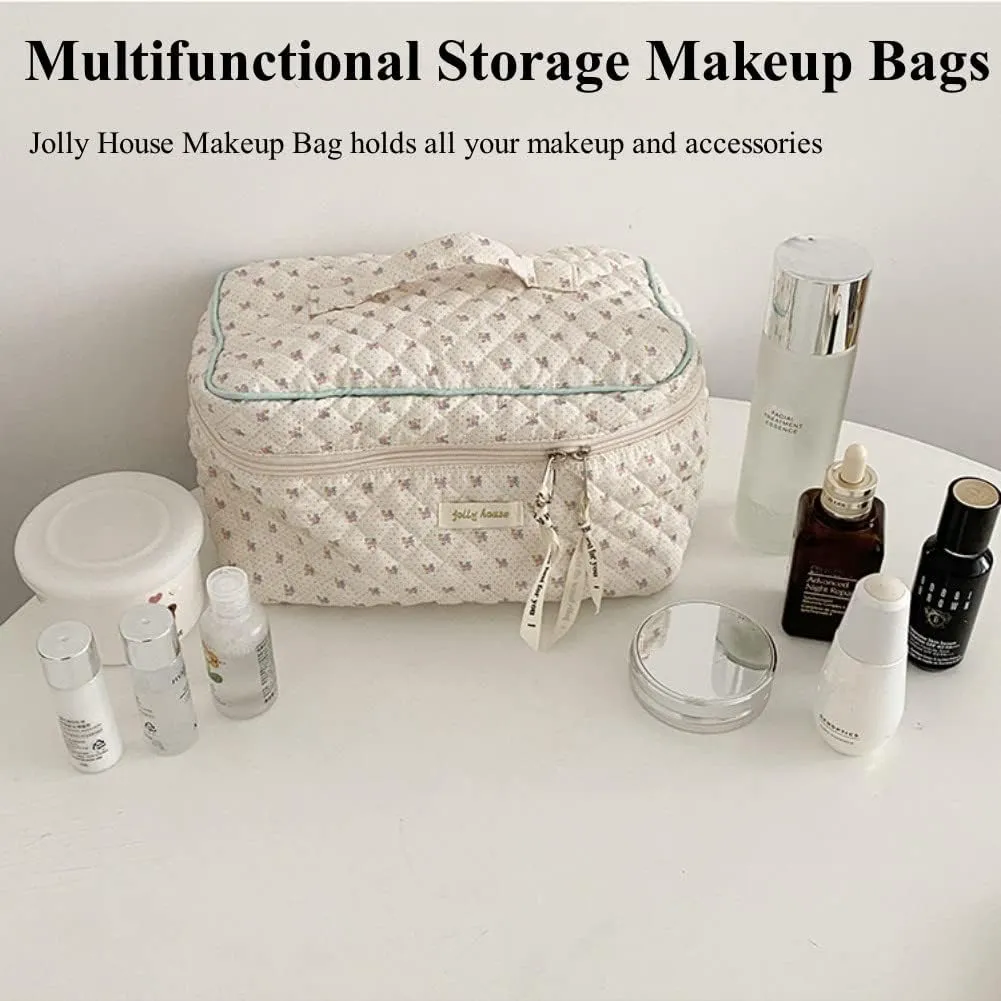 Cotton Floral Makeup Bag - Large Travel Cosmetic Storage Bag (White)
