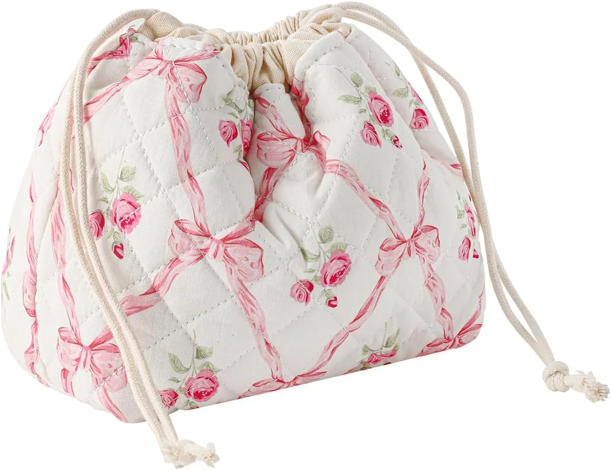 Cotton Quilted Drawstring Makeup Bag with Canvas Lining,Coquette Aesthetic Cute Travel Toiletry Bag,Drawstring Gift Bag for Women and Girls（03Pink Bows）