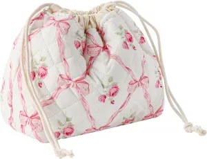 Cotton Quilted Drawstring Makeup Bag with Canvas Lining,Coquette Aesthetic Cute Travel Toiletry Bag,Drawstring Gift Bag for Women and Girls（03Pink Bows）