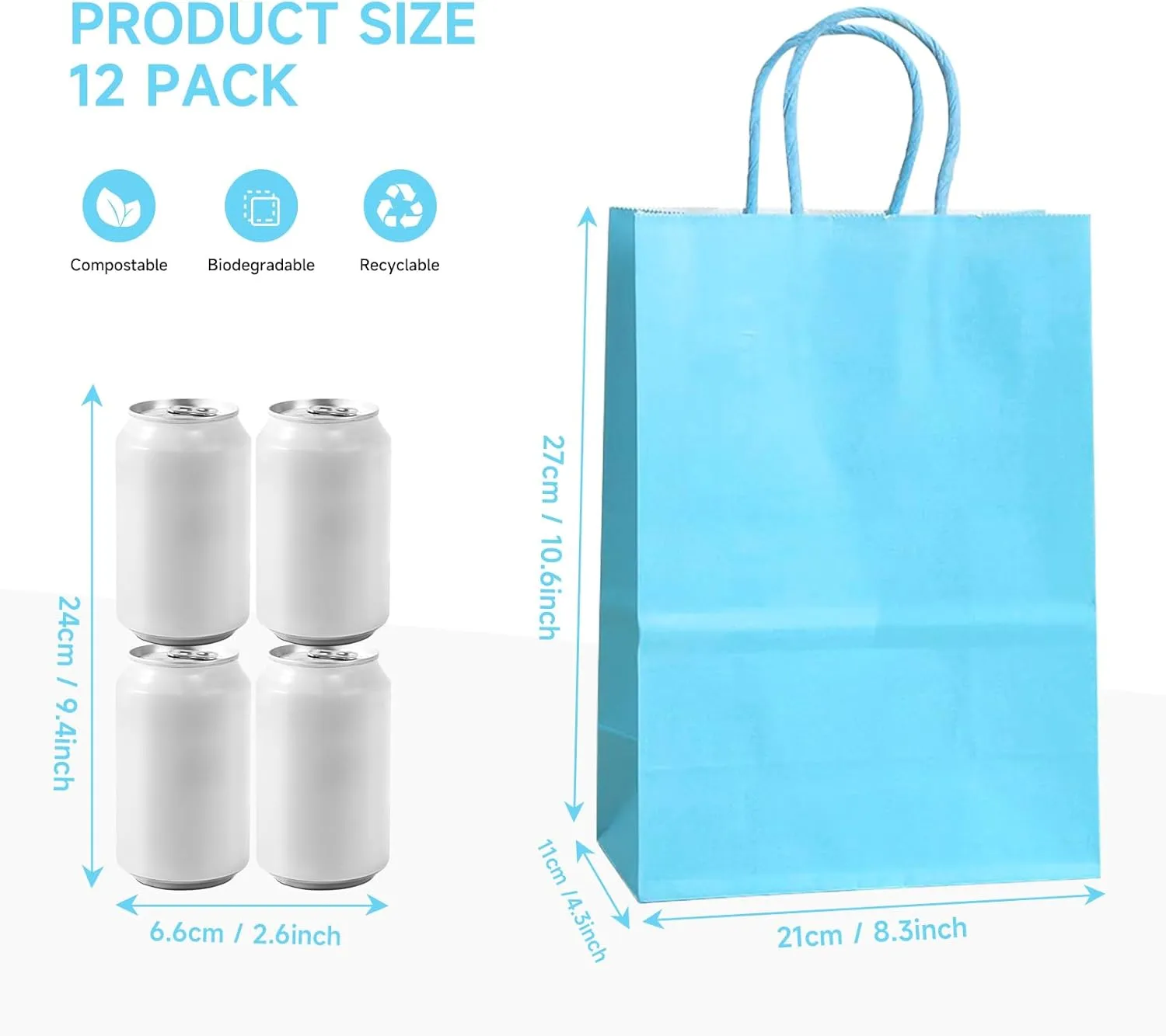 COVYOONG 24pcs Medium Plain Natural Paper Kraft Gift Bags with Handles Light Blue Paper Bags for Birthday Party Grocery Retail Business Goody Craft Bags