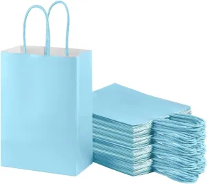 COVYOONG 24pcs Medium Plain Natural Paper Kraft Gift Bags with Handles Light Blue Paper Bags for Birthday Party Grocery Retail Business Goody Craft Bags