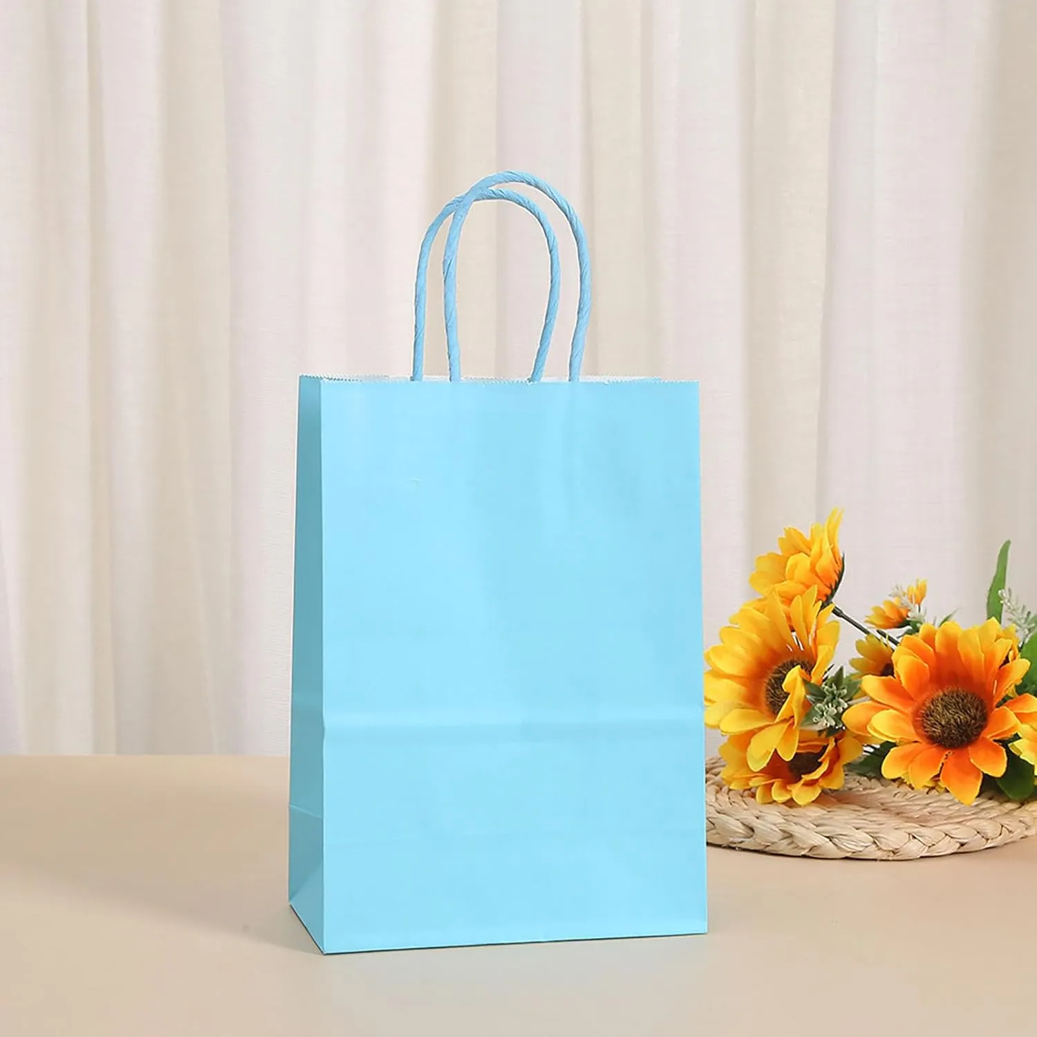 COVYOONG 24pcs Medium Plain Natural Paper Kraft Gift Bags with Handles Light Blue Paper Bags for Birthday Party Grocery Retail Business Goody Craft Bags