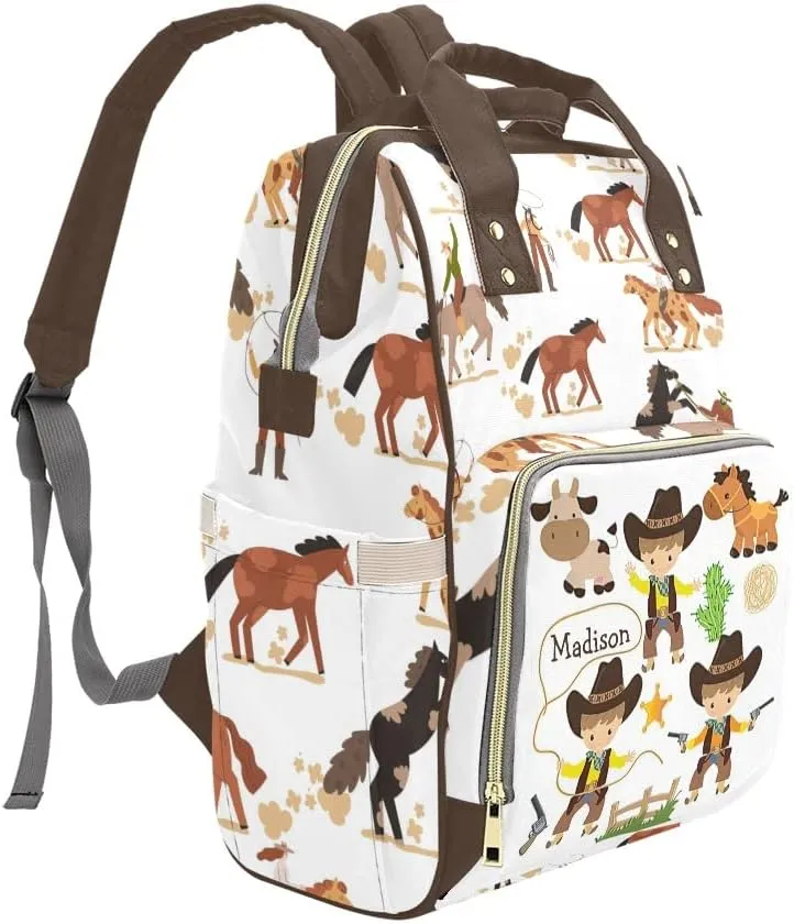 Cow Cowboy Farm Horse Animal Personalized Diaper Bag Backpack Bookbag Name Daypack Large Mommy Bag for Boys Birthday Adult Girls