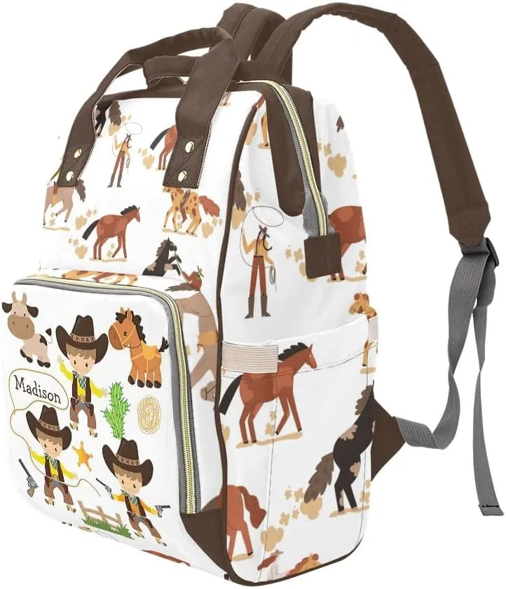 Cow Cowboy Farm Horse Animal Personalized Diaper Bag Backpack Bookbag Name Daypack Large Mommy Bag for Boys Birthday Adult Girls