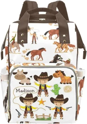 Cow Cowboy Farm Horse Animal Personalized Diaper Bag Backpack Bookbag Name Daypack Large Mommy Bag for Boys Birthday Adult Girls