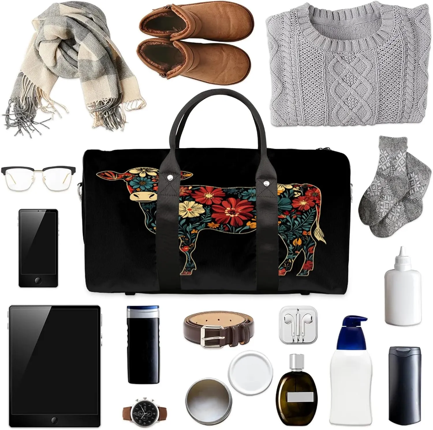 Cow Duffle Bag for Travel, Overnight Weekend Gym Carry On Luggage Bag, Boho Floral Travel Duffel Bag for Men Women
