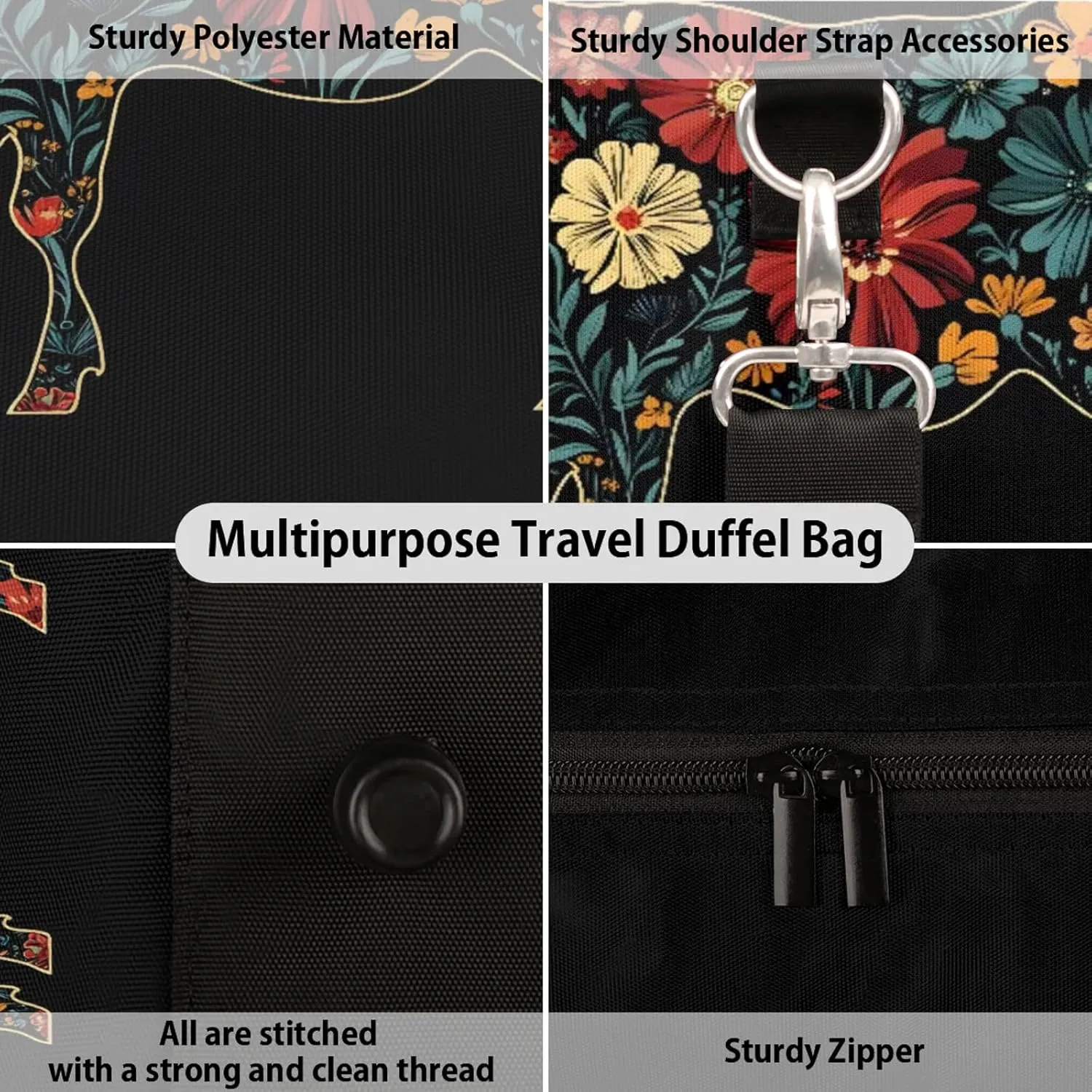 Cow Duffle Bag for Travel, Overnight Weekend Gym Carry On Luggage Bag, Boho Floral Travel Duffel Bag for Men Women