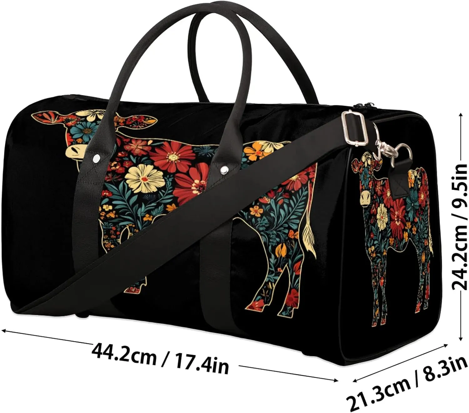 Cow Duffle Bag for Travel, Overnight Weekend Gym Carry On Luggage Bag, Boho Floral Travel Duffel Bag for Men Women