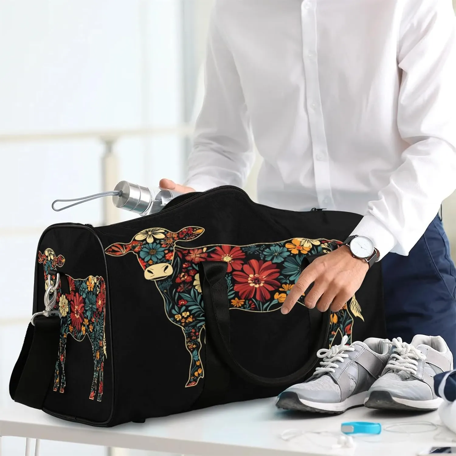 Cow Duffle Bag for Travel, Overnight Weekend Gym Carry On Luggage Bag, Boho Floral Travel Duffel Bag for Men Women