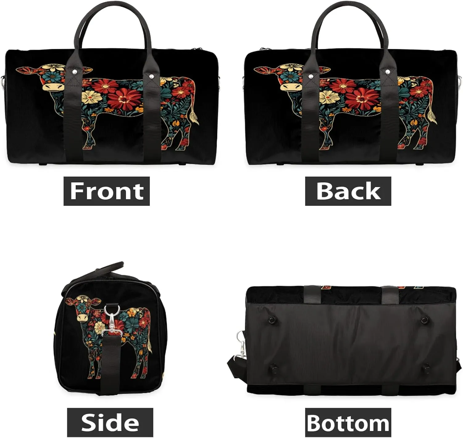 Cow Duffle Bag for Travel, Overnight Weekend Gym Carry On Luggage Bag, Boho Floral Travel Duffel Bag for Men Women