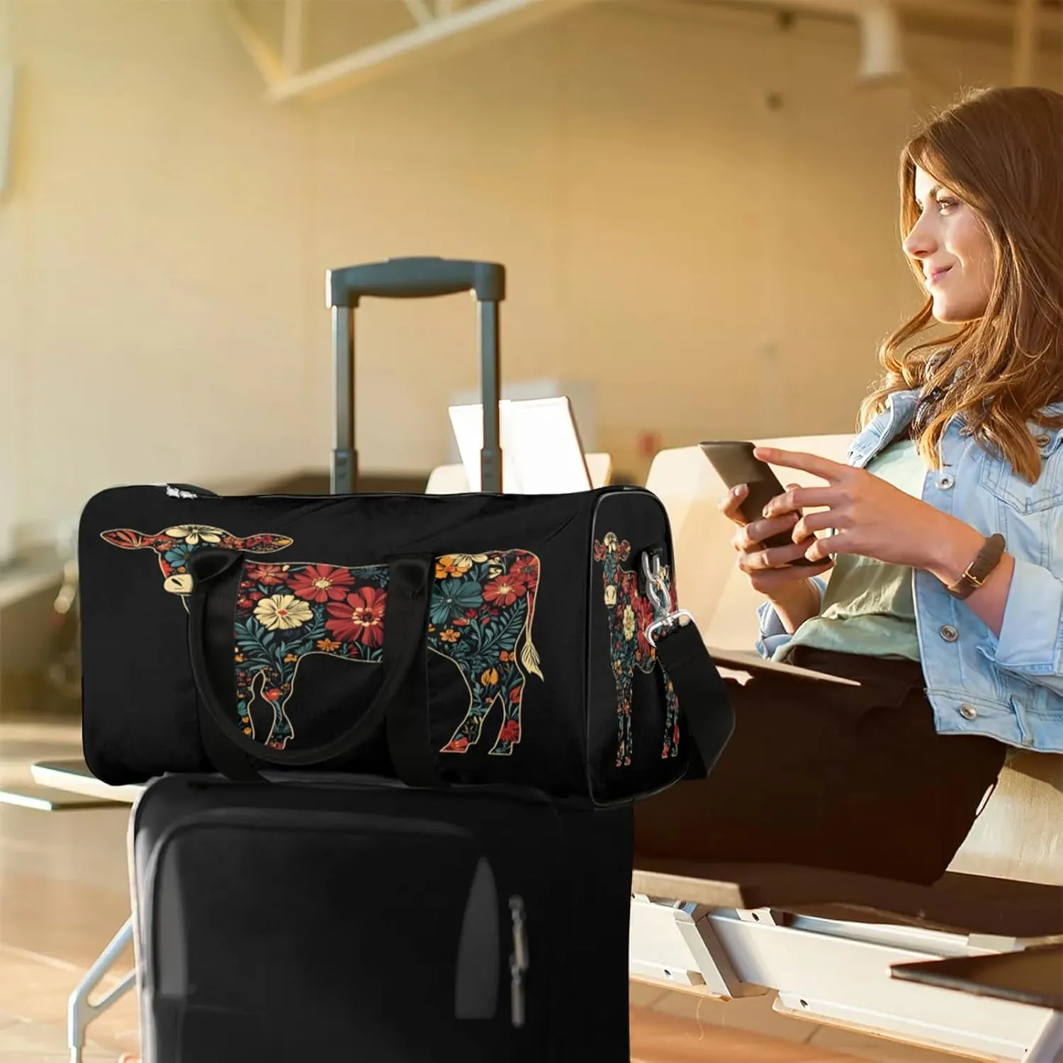 Cow Duffle Bag for Travel, Overnight Weekend Gym Carry On Luggage Bag, Boho Floral Travel Duffel Bag for Men Women