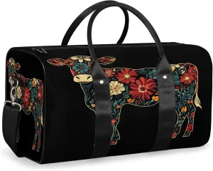 Cow Duffle Bag for Travel, Overnight Weekend Gym Carry On Luggage Bag, Boho Floral Travel Duffel Bag for Men Women