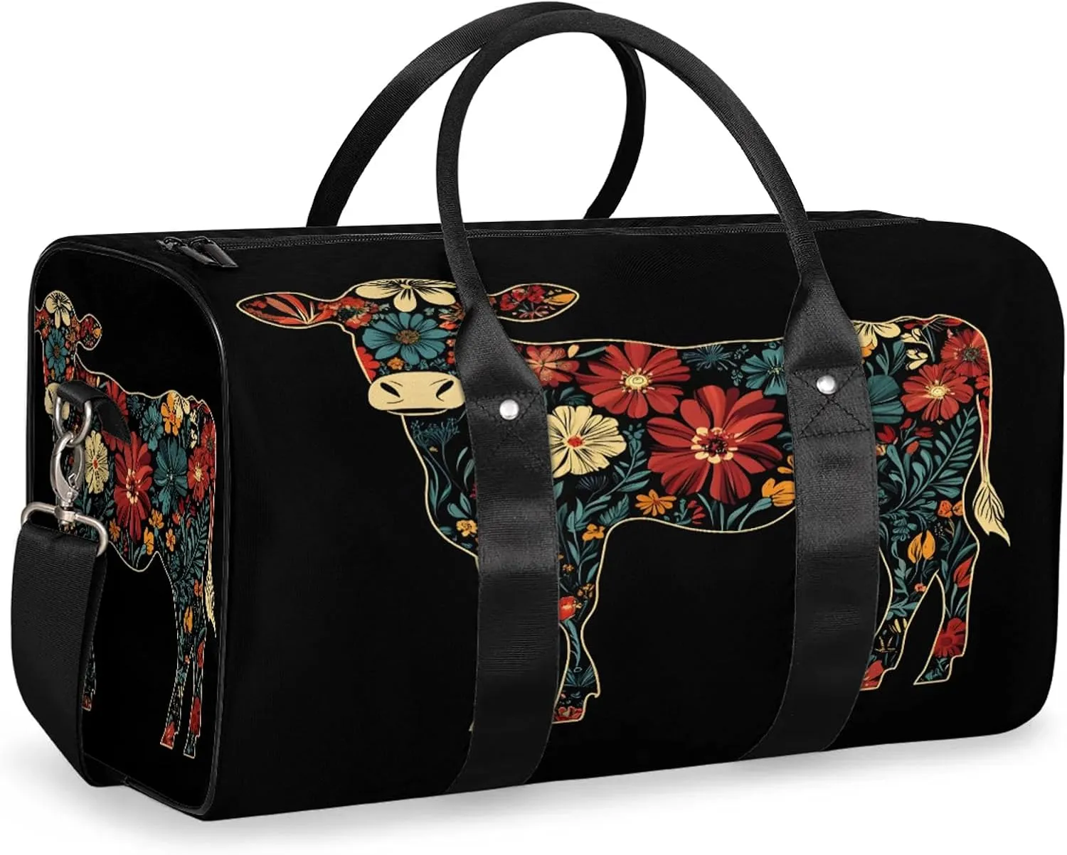 Cow Duffle Bag for Travel, Overnight Weekend Gym Carry On Luggage Bag, Boho Floral Travel Duffel Bag for Men Women