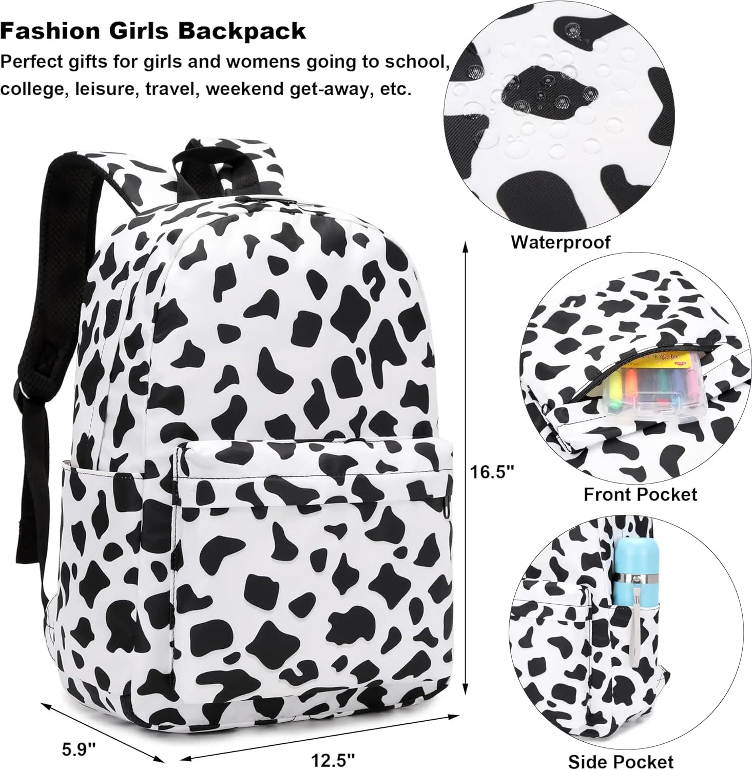 Cow Print School Backpack for Girls Womens, School Bags Collge Bookbags Laptop Backpacks for Kids Teens Adults
