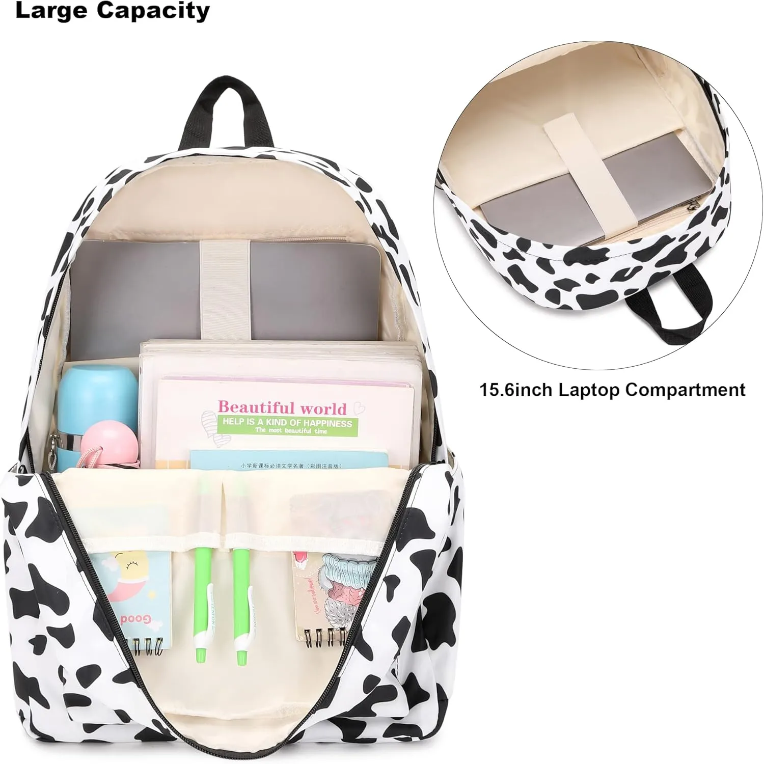 Cow Print School Backpack for Girls Womens, School Bags Collge Bookbags Laptop Backpacks for Kids Teens Adults