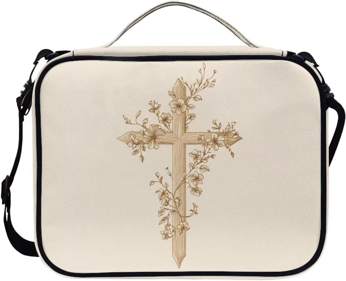 Cross Floral Bible Cover for Women with Adjustable Shoulder Strap Large Capacity Church Book Storage Pouch Portable Crossbody Bags for Outdoor Travel