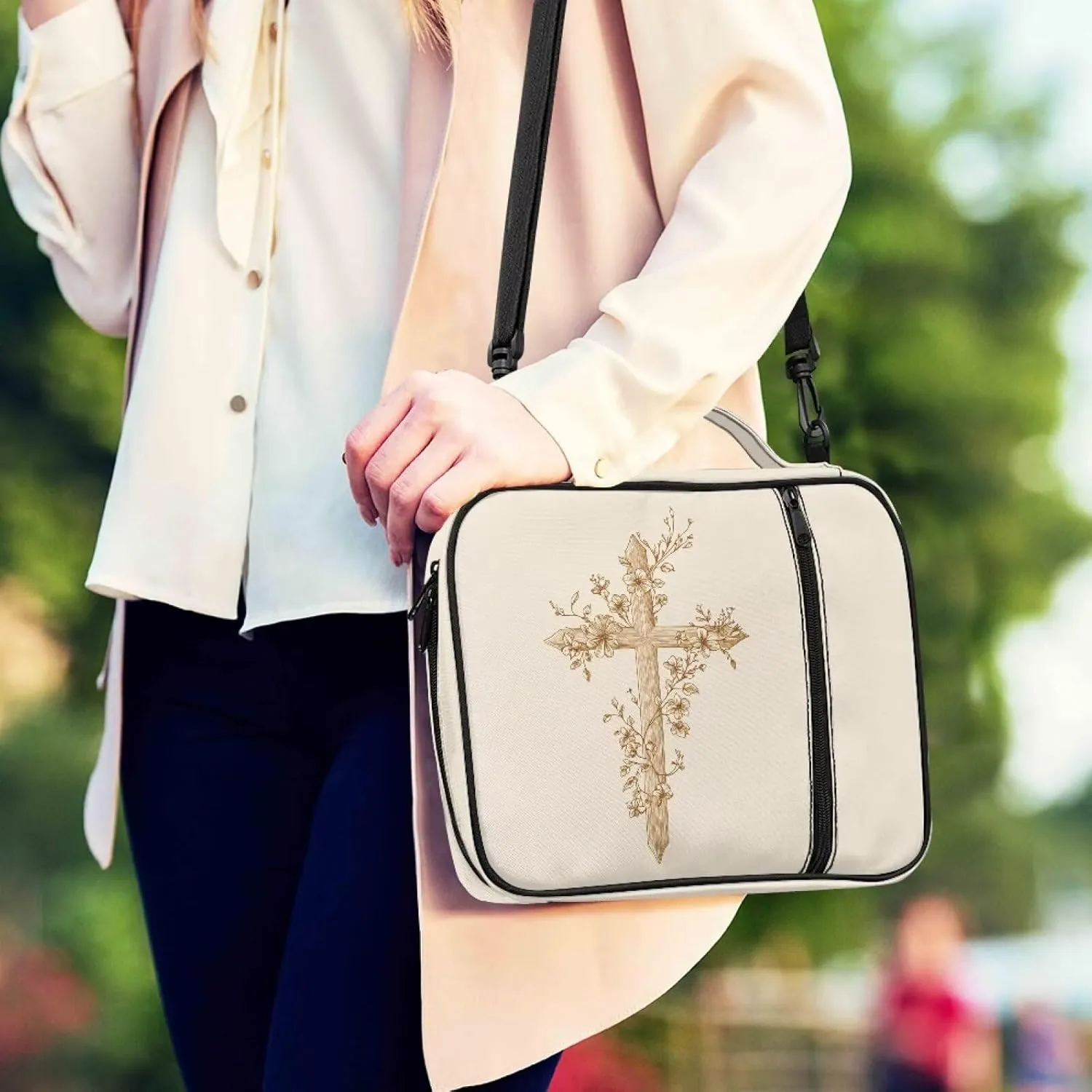 Cross Floral Bible Cover for Women with Adjustable Shoulder Strap Large Capacity Church Book Storage Pouch Portable Crossbody Bags for Outdoor Travel