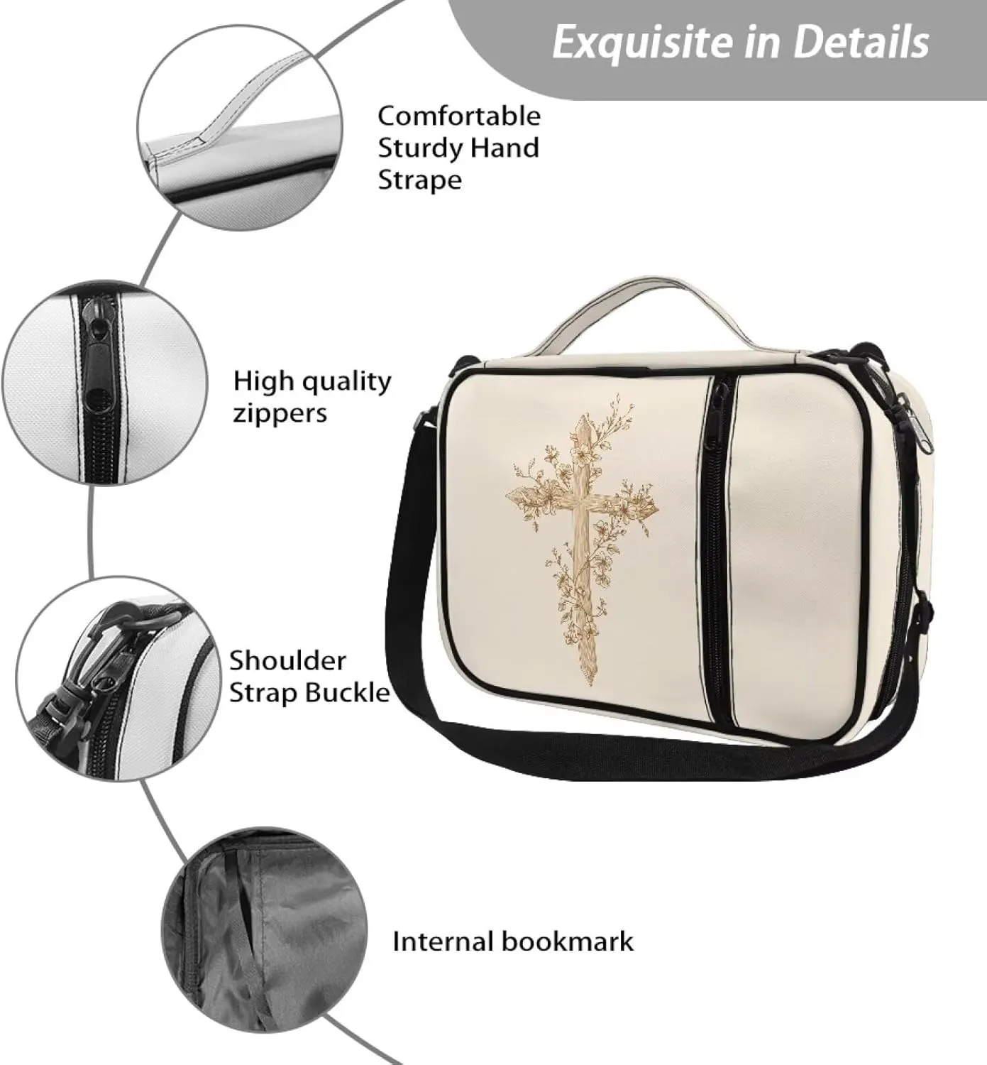 Cross Floral Bible Cover for Women with Adjustable Shoulder Strap Large Capacity Church Book Storage Pouch Portable Crossbody Bags for Outdoor Travel