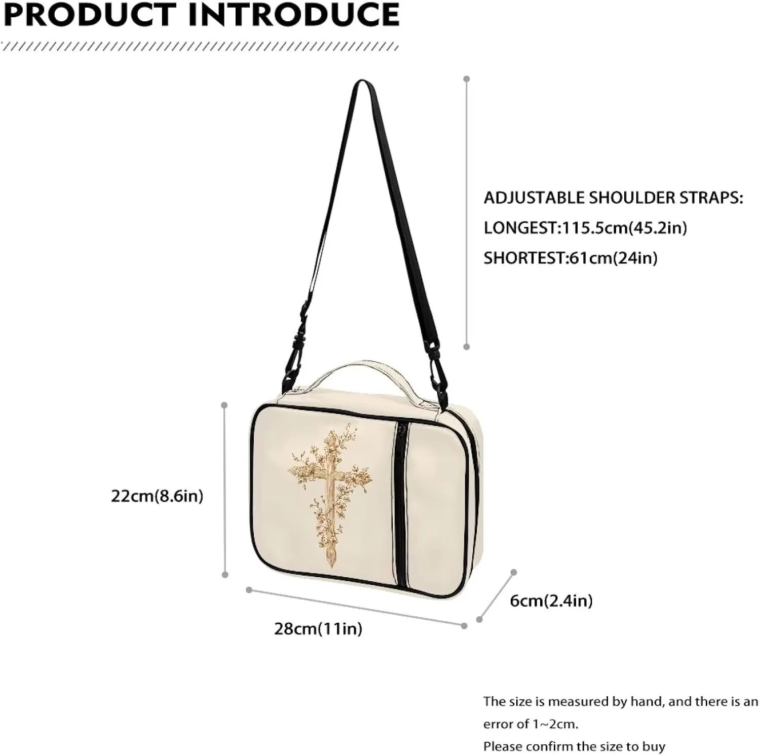 Cross Floral Bible Cover for Women with Adjustable Shoulder Strap Large Capacity Church Book Storage Pouch Portable Crossbody Bags for Outdoor Travel