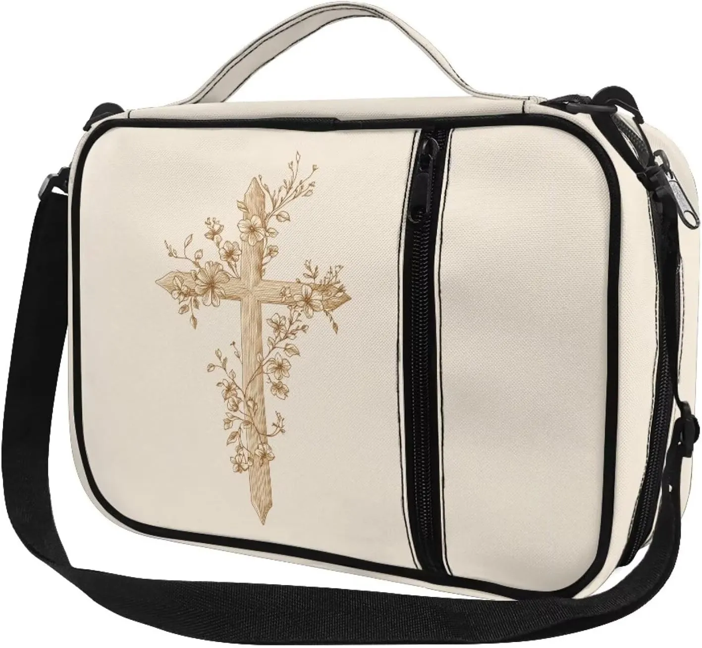 Cross Floral Bible Cover for Women with Adjustable Shoulder Strap Large Capacity Church Book Storage Pouch Portable Crossbody Bags for Outdoor Travel