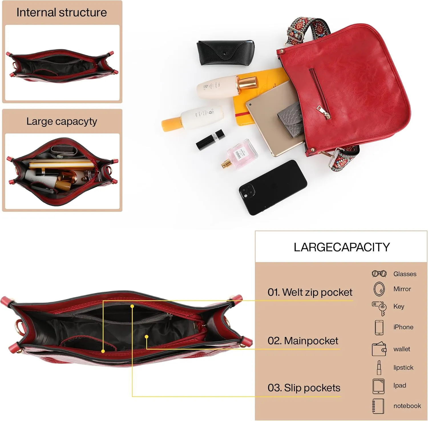 Crossbody Bag for Women Trendy - Vegan Leather Shoulder Purse, Medium Hobo Bag with 2 Strap