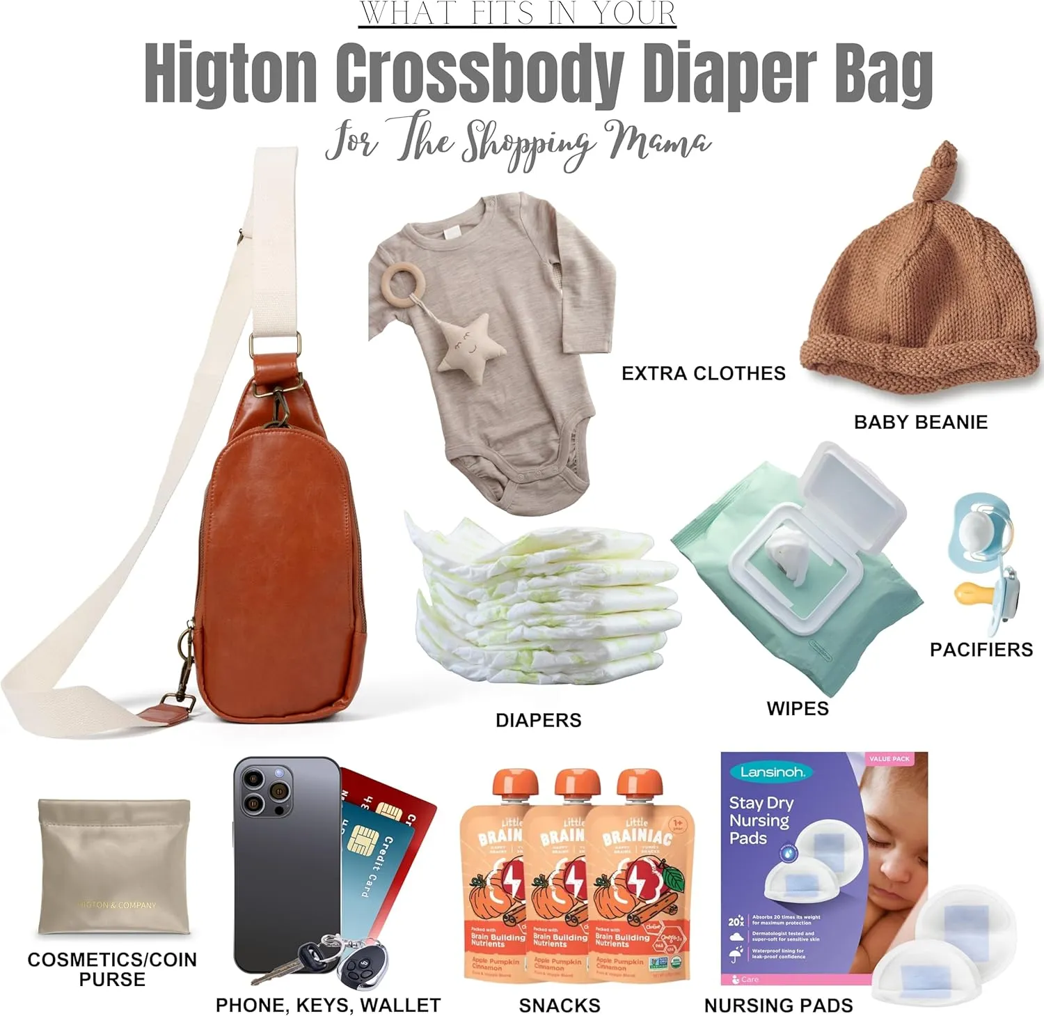 Crossbody Bag - Small Diaper Bag With Plain Ivory Strap, Compact Crossbody Bags for Women & Men, Sling Bag for Women