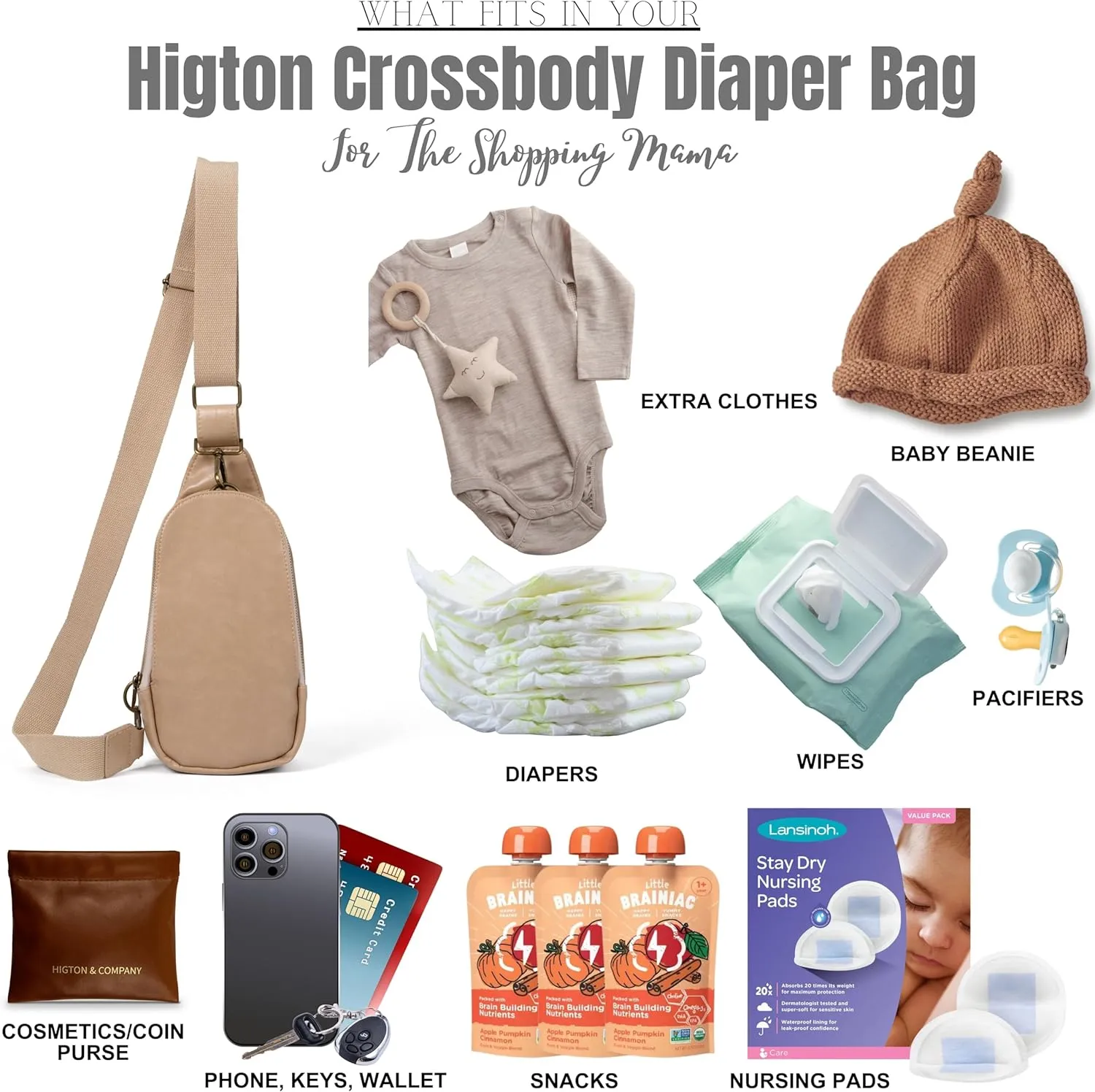 Crossbody Bag - Small Diaper Bag With Plain Ivory Strap, Compact Crossbody Bags for Women & Men, Sling Bag for Women