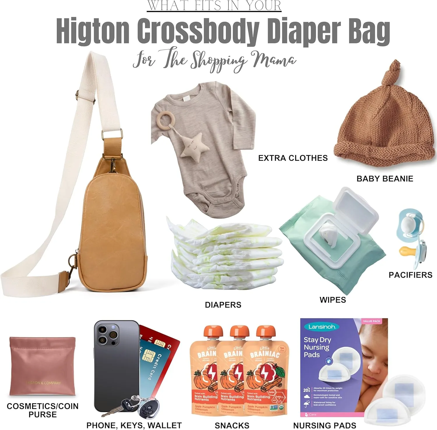 Crossbody Bag - Small Diaper Bag With Plain Ivory Strap, Compact Crossbody Bags for Women & Men, Sling Bag for Women