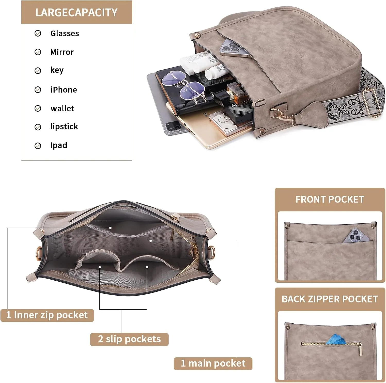 Crossbody Bag Women Vegan Leather Hobo Handbag Trendy Crossbody Shoulder Bag Purses For Women with 2 Adjustable Strap