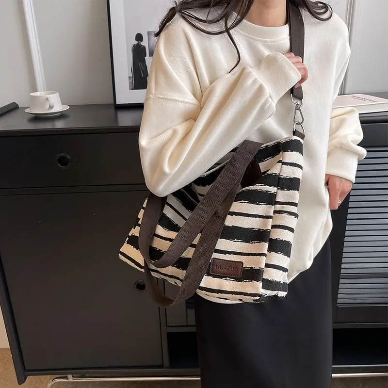 Crossbody Bags for Women Canvas Purses Large Capacity Shoulder Handbags Striped Travel Bag Shopping Tote Bag for Women Black
